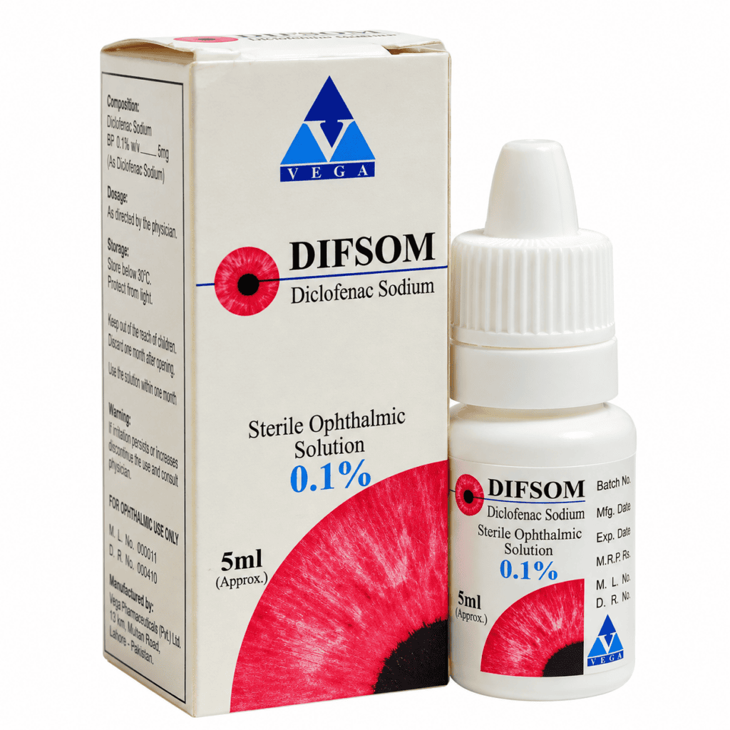 Difsom Eye Drops box and sterile ophthalmic solution bottle