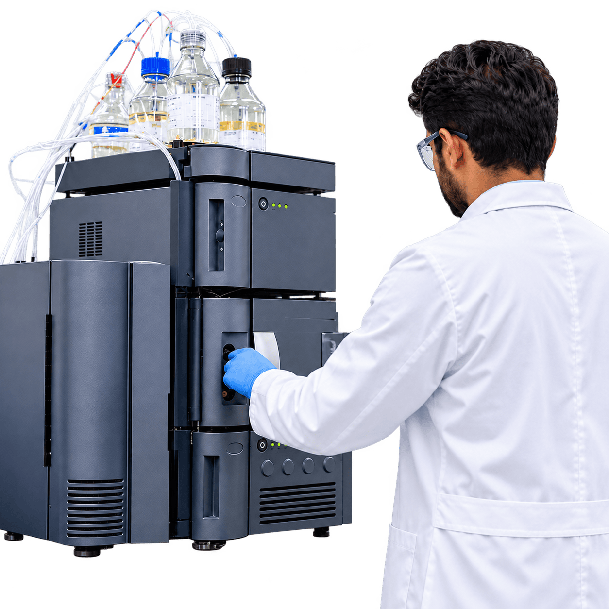 Vega quality control specialist operating laboratory testing equipment